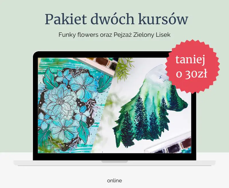Pakiet dwóch akwarelowych kursów: Funky Flowers oraz Pejzaż akwarelowy Zielony Lisek